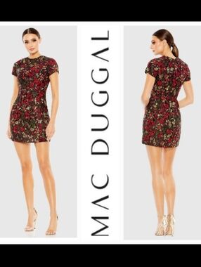 Mac Duggal Black & Red Multi Floral Brocade Cap Sleeve Mini Dress Sz 6